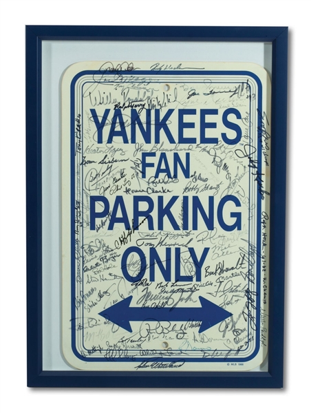 "YANKEES FAN PARKING ONLY" SIGN AUTOGRAPHED BY OVER 80 FORMER YANKEE GREATS INCL. MANTLE, DIMAGGIO, BERRA, JETER, ETC. (PSA/DNA)