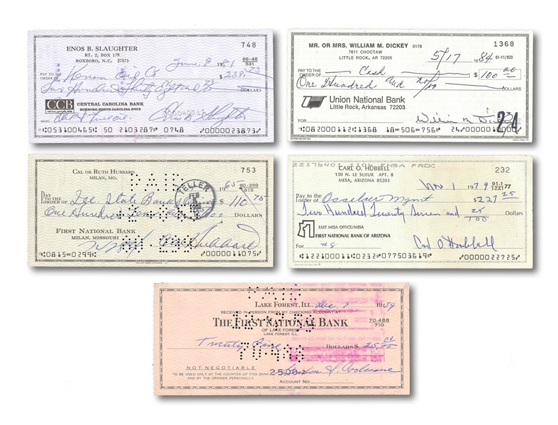 LOT OF (5) BASEBALL HOFER SIGNED BANK CHECKS INCL. HUBBELL, DICKEY, COCHRANE, SLAUGHTER AND HUBBARD