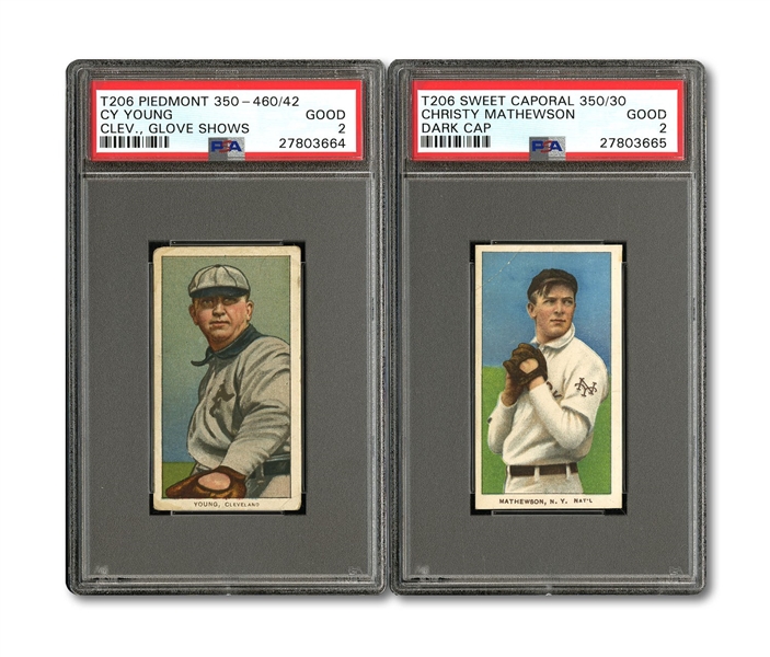 1909-11 T206 CHRISTY MATHEWSON (DARK CAP) AND CY YOUNG (WITH GLOVE) PAIRING - BOTH PSA GD 2