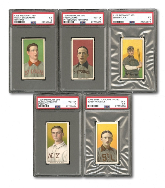1909-1911 T206 LOT OF (5) PSA GRADED HALL OF FAMERS INCL. BRESNAHAN, CLARKE, FLICK, MARQUARD AND WALLACE