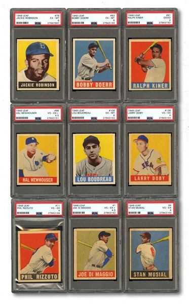 1948 LEAF BASEBALL COMPLETE SET OF 98 (PLUS ONE VARIATION) WITH 12 PSA GRADED INCL. JACKIE ROBINSON ROOKIE PSA EX-MT 6