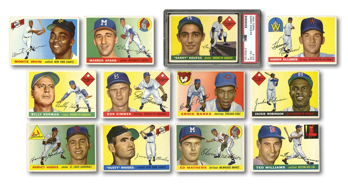 1955 TOPPS BASEBALL STARTER GROUP OF (62) DIFFERENT WITH SEVERAL STARS INCL. PSA VG-EX 4 KOUFAX ROOKIE