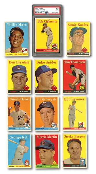 1958 TOPPS BASEBALL STARTER GROUP OF (48) DIFFERENT WITH SEVERAL STARS INCL. PSA NM 7 CLEMENTE