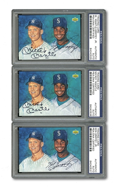 1994 UPPER DECK MICKEY MANTLE AND KEN GRIFFEY JR. AUTOGRAPHED CARD SET OF (3) INCL. DUAL-SIGNED AND TWO SINGLE-SIGNED VERSIONS (UDA)