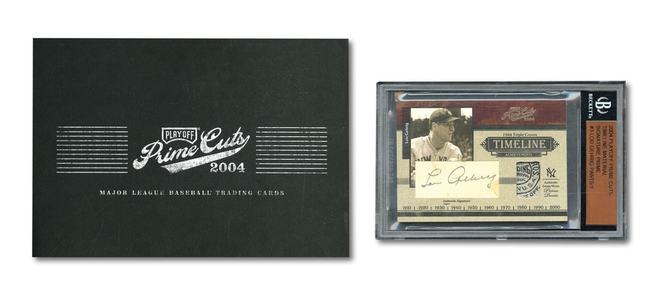 2004 PLAYOFF PRIME CUTS TIMELINE MATERIAL #3 LOU GEHRIG 1/1 AUTO & PANTS SWATCH WITH SPALDING LOGO (BVG AUTO.)