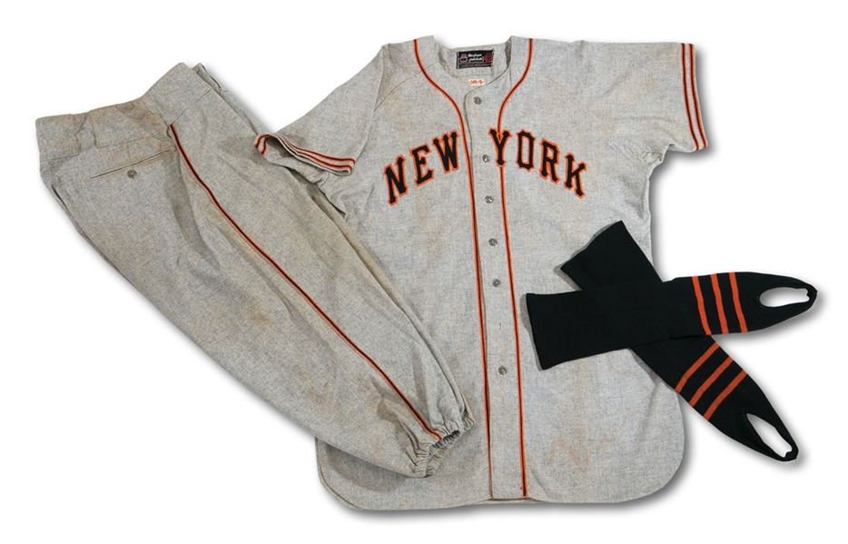 MEL OTTS 1948 NEW YORK GIANTS GAME WORN ROAD FULL UNIFORM INCL. JERSEY, PANTS AND STIRRUPS (OTT COLLECTION, MEARS A9.5)