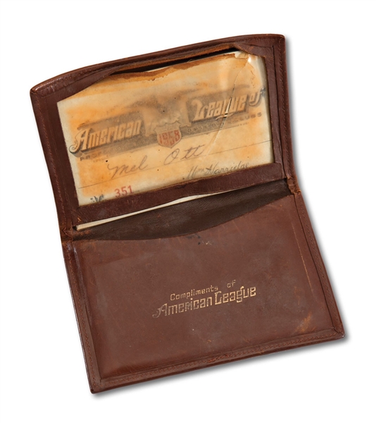 MEL OTTS 1958 AMERICAN LEAGUE SEASON PASS IN HIS PERSONAL BROWN LEATHER CASE (OTT COLLECTION)