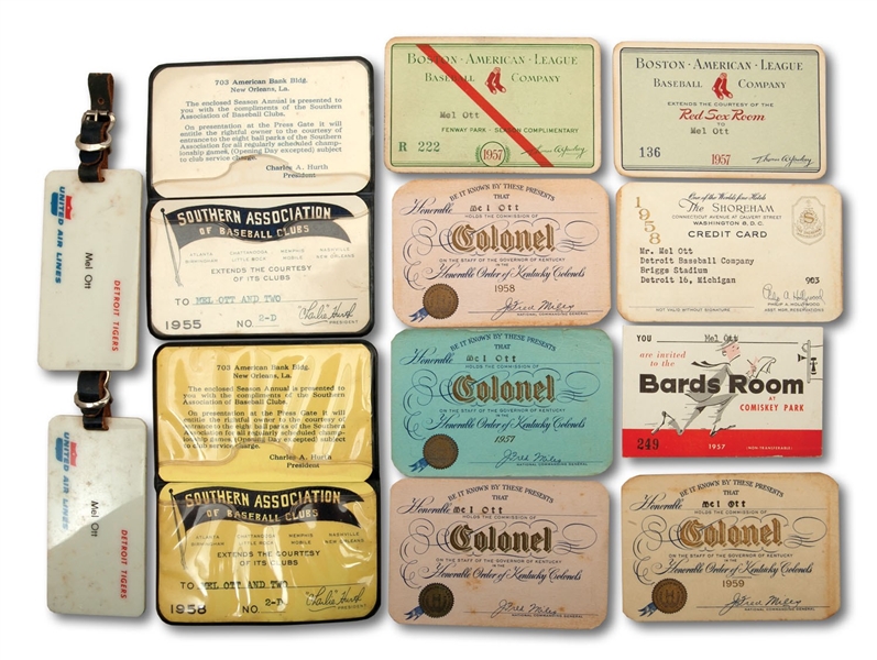 MEL OTTS 1950S LOT OF (14) PERSONAL CERTIFICATION CARDS, ID TAGS, PASSES & OTHER DOCUMENTS (OTT COLLECTION)