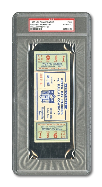 1966 NFL CHAMPIONSHIP GAME (GREEN BAY 34 - DALLAS 27) FULL UNUSED TICKET - PSA AUTHENTIC (ONLY 6 FULLS IN PSA REGISTRY)