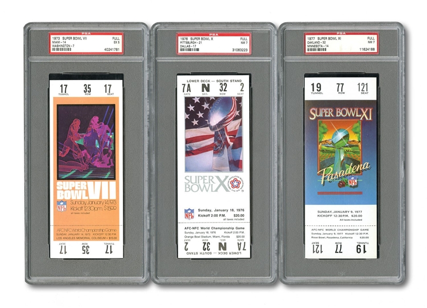 1973-2016 SUPER BOWL (XII THROUGH L) NEAR CONSECUTIVE RUN OF (43) FULL TICKETS - MOSTLY PSA NM 7 TO NM-MT 8
