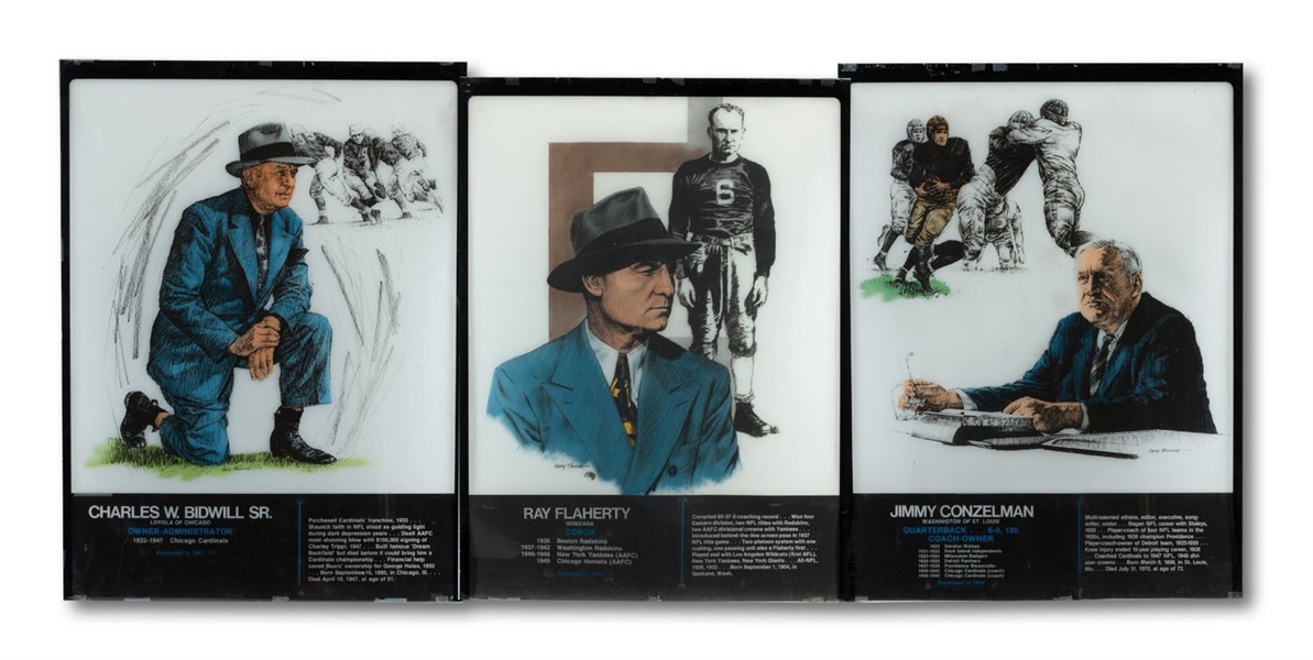 GROUP OF (3) ORIGINAL PRO FOOTBALL HALL OF FAME ENSHRINEMENT TRANSLITE DISPLAYS INCL. 1967 CHARLES BIDWILL SR., 1964 JIMMY CONZELMAN, AND 1976 RAY FLAHERTY