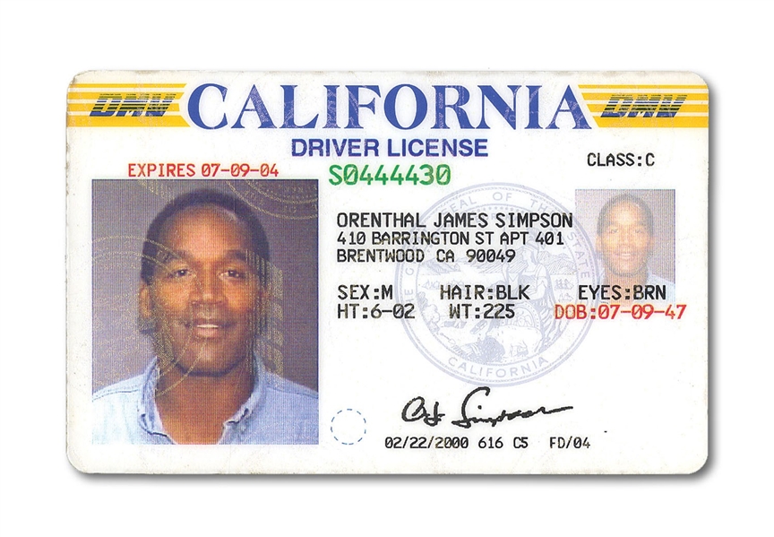O.J. SIMPSONS CALIFORNIA DRIVER LICENSE ISSUED 2/22/2000 (SOURCED FROM O.J.S EX-BODYGUARD)