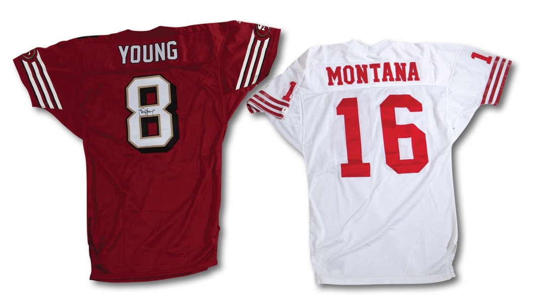 SAN FRANCISCO 49ERS PAIR OF 1990 JOE MONTANA (ROAD, UNSIGNED) AND 1999 STEVE YOUNG (HOME, SIGNED) PRO MODEL GAME ISSUED JERSEYS (TEAM EXECUTIVE PROVENANCE)