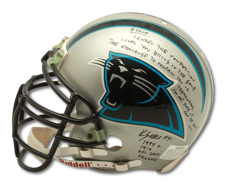 1996 KEVIN GREENE AUTOGRAPHED CAROLINA PANTHERS (LED NFL IN SACKS) GAME USED HELMET GIVEN TO STEVE YOUNG WITH AWESOME INSCRIPTION (49ERS EXECUTIVE PROVENANCE)