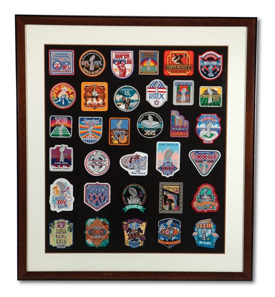 COLLECTION OF SUPER BOWL I THROUGH XXXIII PATCHES IN NICE, OVERSIZED FRAMED DISPLAY
