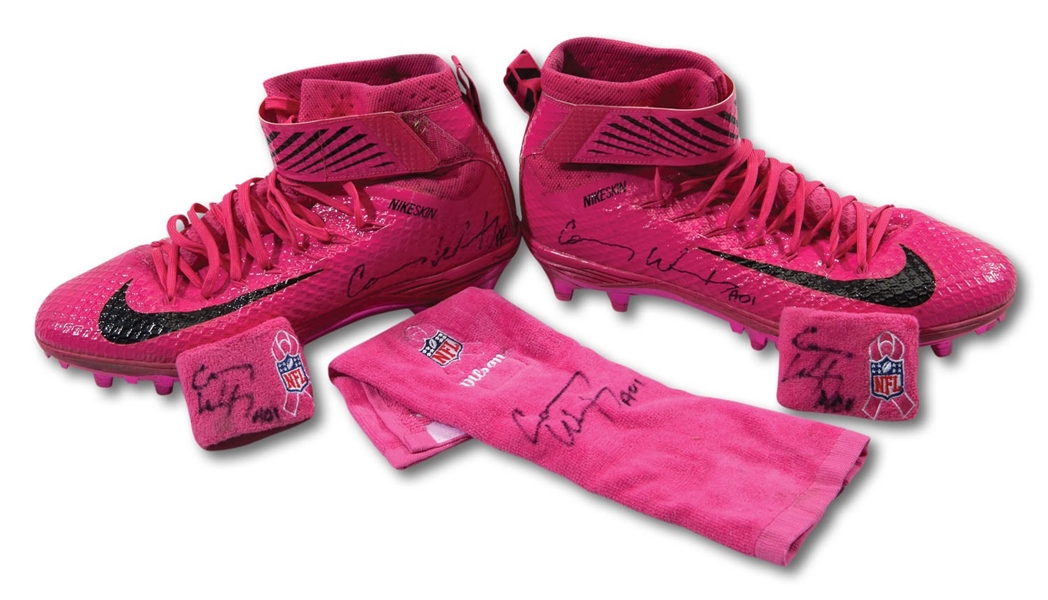 2016 CARSON WENTZ PHILADELPHIA EAGLES (ROOKIE) GAME USED & SIGNED BREAST CANCER AWARENESS ENSEMBLE INCL. PINK CLEATS, WRISTBANDS & TOWEL WORN IN THREE OCTOBER GAMES (WENTZ LOA, PHOTO-MATCHED)
