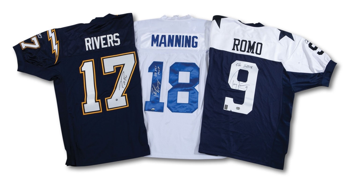 TRIO OF STAR QB SIGNED & INSCRIBED JERSEYS INCL. PEYTON MANNING "SB XLI MVP" (STEINER), TONY ROMO "5 TDS 11-23-06" (MOUNTED MEMORIES) AND PHILIP RIVERS