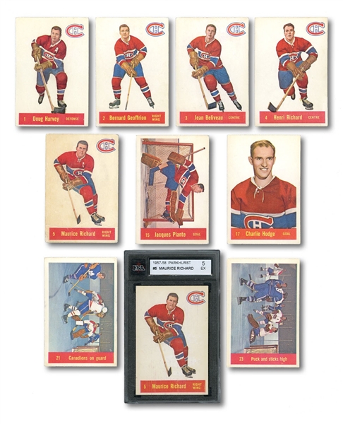 1957-58 PARKHURST HOCKEY COMPLETE SET OF (50) WITH TWO KSA GRADED STARS INCL. MAHOVLICH & DUPLICATE #M5 RICHARD