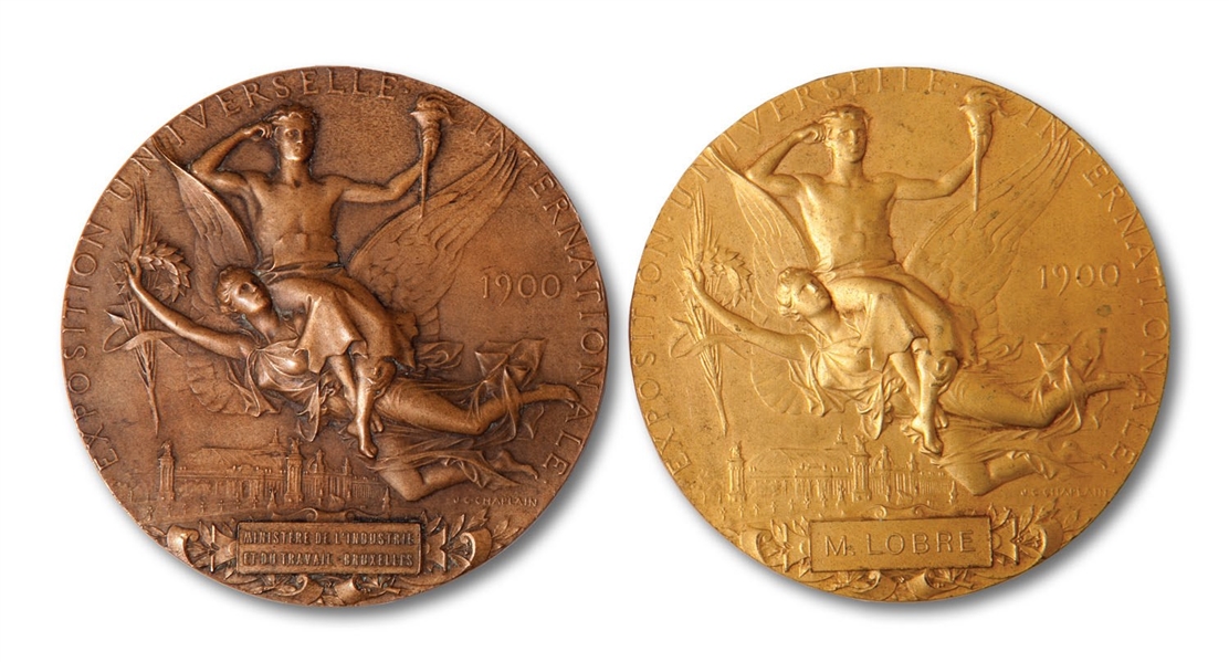 PAIR OF 1900 PARIS EXPOSITION GAMES (2ND OLYMPICS) "CHAPLAIN" MEDALS IN GILT BRONZE AND BRONZE