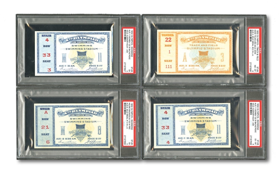 LOT OF (7) PSA GRADED 1932 LOS ANGELES SUMMER OLYMPIC GAMES TICKET STUBS INCL. (5) SWIMMING AND (2) TRACK & FIELD