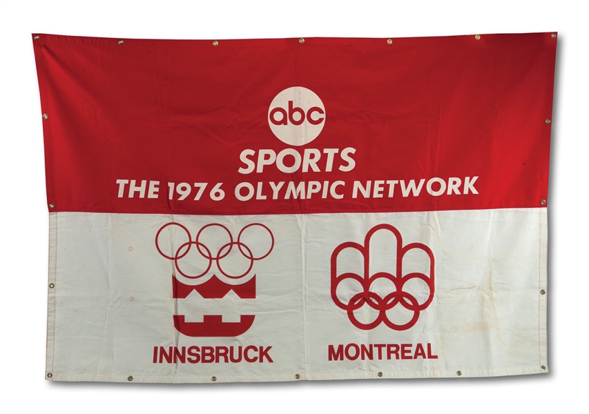 1976 ABC SPORTS INNSBRUCK & MONTREAL OLYMPICS 5 X 6 CLOTH BANNER (RARE)