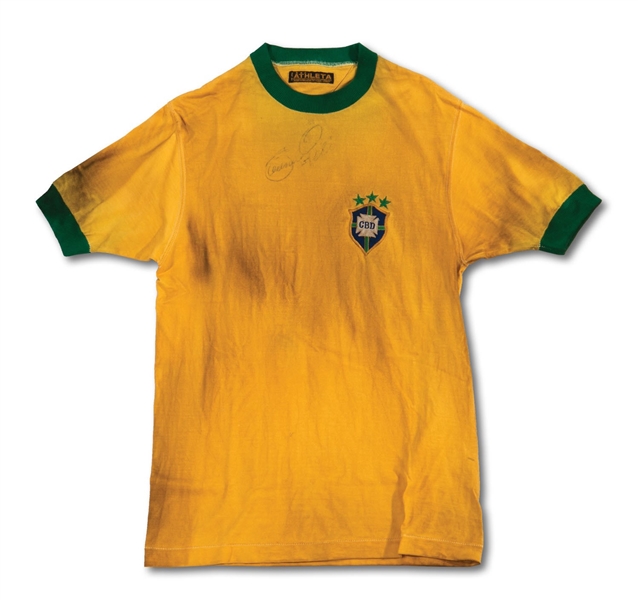 C.1970-71 PELE AUTOGRAPHED BRAZIL NATIONAL TEAM GAME WORN JERSEY (MEARS A10, TEAM EMPLOYEE PROVENANCE)