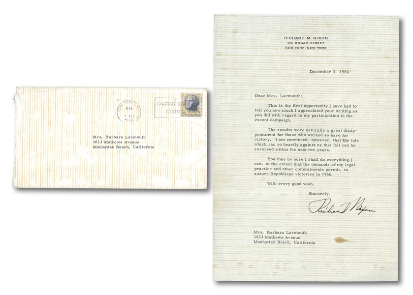 12/3/1964 RICHARD NIXON TYPED SIGNED LETTER ON PERSONAL LETTERHEAD WITH ORIGINAL ENVELOPE