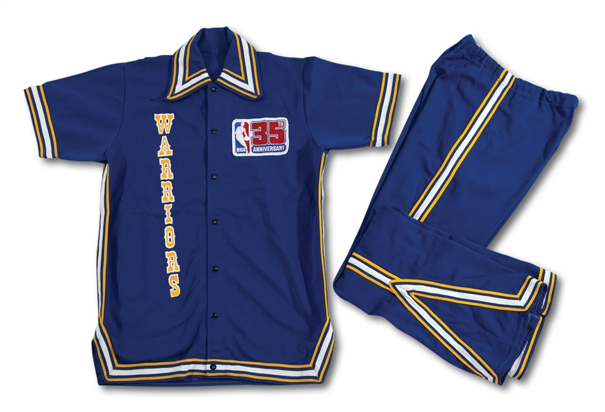 1980-81 GOLDEN STATE WARRIORS GAME WORN FULL WARM-UP SUIT ATTRIBUTED TO JOE HASSETT - RARE STYLE W/ NBA 35TH ANNIV. PATCH
