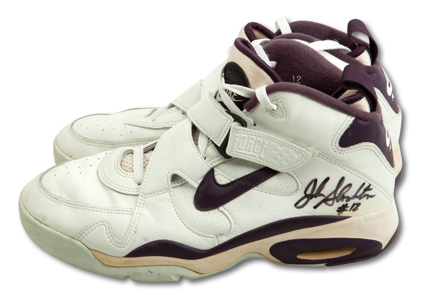 1993-94 JOHN STOCKTON GAME WORN & DUAL SIGNED NIKE AIR FORCE SHOES - STYLE MATCHED TO ALL-STAR GAME (JAZZ BALL BOY LOA)