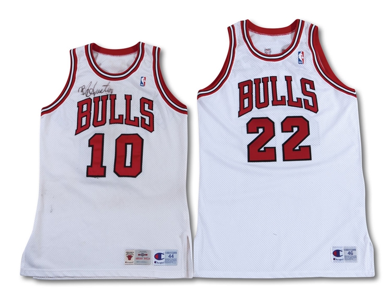 1994-95 B.J. ARMSTRONG (SIGNED) AND 1995-96 JOHN SALLEY CHICAGO BULLS GAME WORN HOME JERSEYS