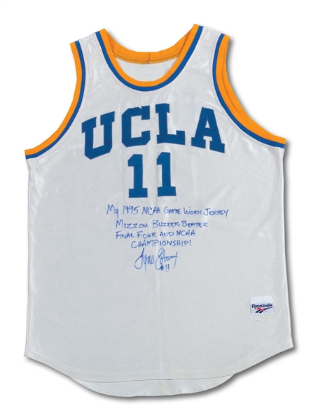 TYUS EDNEYS SIGNED & INSCRIBED 1995 UCLA BRUINS NCAA TOURNAMENT JERSEY - WORN SEVERAL GAMES INCL. MISSOURI BUZZER-BEATER AND FINAL FOUR! (EDNEY LOA)