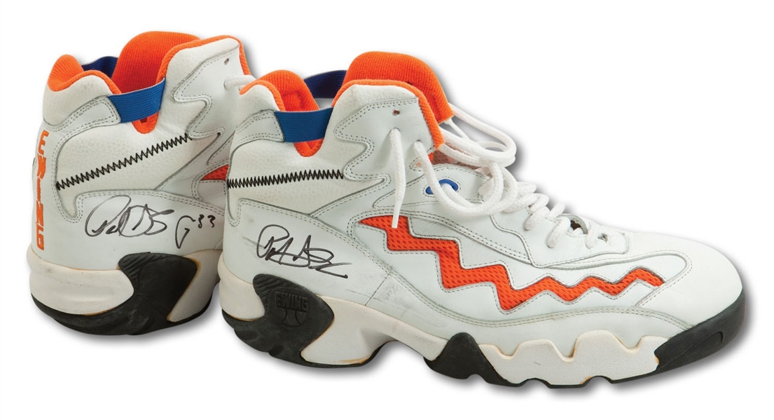 1995-96 PATRICK EWING GAME WORN & DUAL SIGNED EWING ATHLETIC BRAND SHOES - EASTERN CONFERENCE FINALS STYLE MATCH (JAZZ BALL BOY LOA)