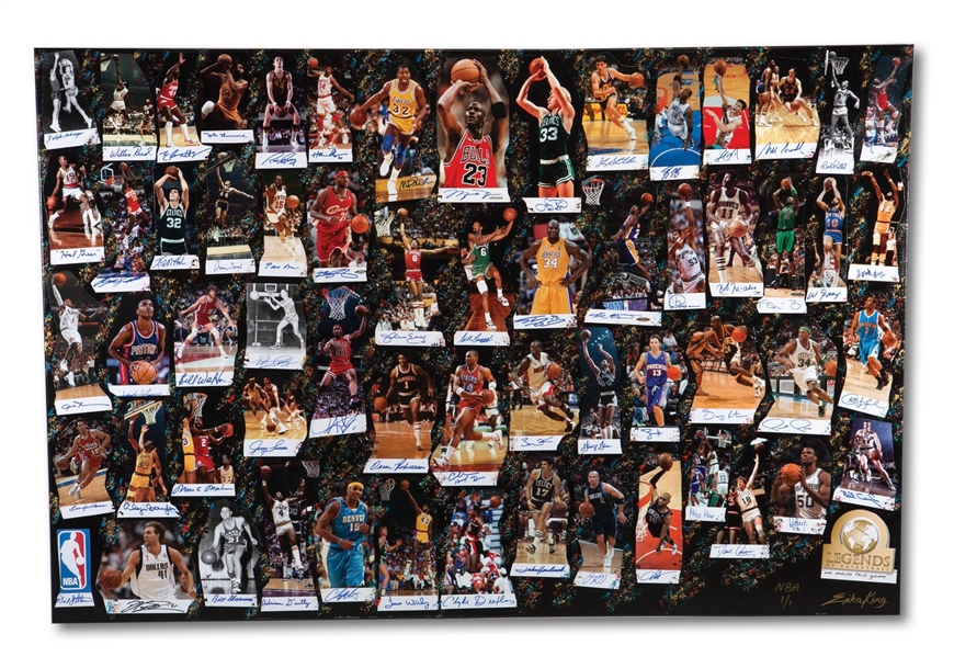 "LEGENDS OF BASKETBALL - WE MADE THIS GAME" LIMITED EDITION ART COLLAGE WITH 61 AUTOGRAPHS INCL. JORDAN, LEBRON, KOBE, MAGIC, BIRD, RUSSELL, ETC. (SAM BATTISTONE COA)