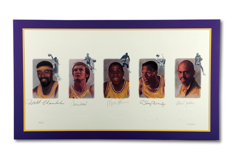 LOS ANGELES LAKER LEGENDS LIMITED EDITION LITHOGRAPH SIGNED BY WILT, WEST, MAGIC, BAYLOR & KAREEM WITH LAKERS-THEMED MATTING