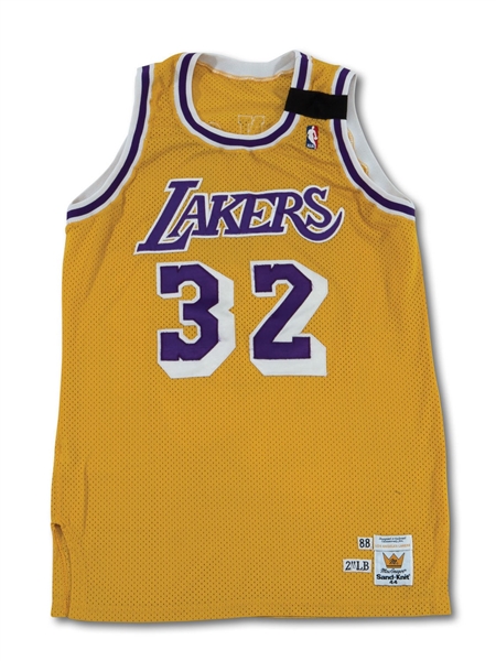 1988-89 MAGIC JOHNSON LOS ANGELES LAKERS (MVP SEASON) GAME WORN HOME JERSEY WITH LARRY FLEISHER MEMORIAL ARMBAND (MEARS)