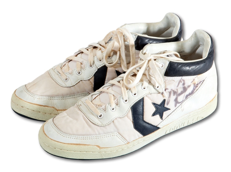 MICHAEL JORDANS 1984 LOS ANGELES OLYMPICS GAME WORN & DUAL-SIGNED CONVERSE SHOES FROM USAS GOLD MEDAL RUN - 1 OF ONLY 2 KNOWN PAIRS MJ WORE DURING TOURNAMENT (BALL BOY PROVENANCE)