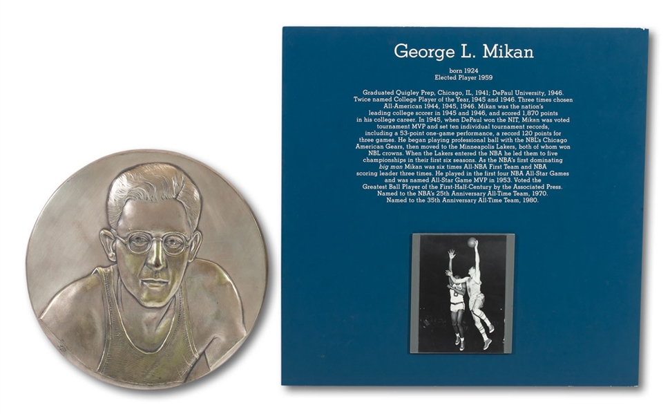 GEORGE MIKANS 1959 NAISMITH BASKETBALL HALL OF FAME INDUCTION PLAQUE AND MEDALLION - SOURCED FROM HOF