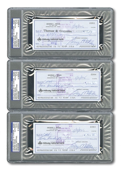 LOT OF (7) GEORGE MIKAN SIGNED PERSONAL BANK CHECKS - ALL PSA/DNA AUTHENTIC (MIKAN COLLECTION)