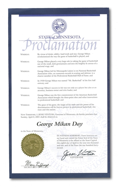 4/8/2001 "GEORGE MIKAN DAY" STATE OF MINNESOTA PROCLAMATION SIGNED BY GOVERNOR JESSE "THE BODY" VENTURA (MIKAN COLLECTION)