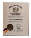 JESSE OWENS 1978 STATE OF DELAWARE ORDER OF THE FIRST STATE CERTIFICATE SIGNED BY GOVERNOR (OWENS ESTATE COLLECTION)