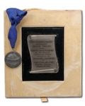 JESSE OWENS BROTHERHOOD AWARD PLAQUE AND MEDAL PRESENTED BY THE NATIONAL CONFERENCE OF CHRISTIANS AND JEWS ON MARCH 29, 1978 (OWENS ESTATE COLLECTION)