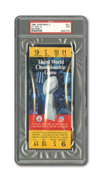 1969 SUPER BOWL III (N.Y. JETS 16 - BALTIMORE 7) YELLOW VARIATION FULL TICKET - PSA EX 5 (POP 2, ONLY 3 HIGHER)