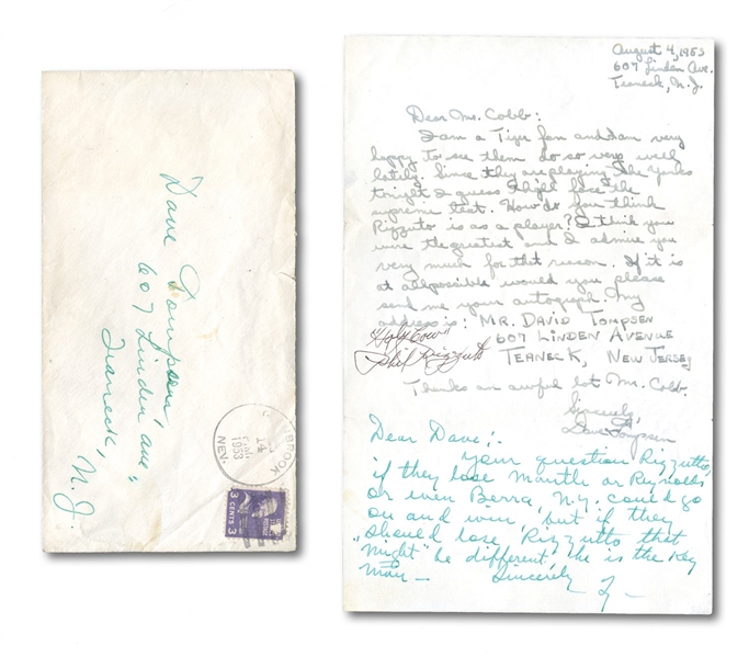 1953 TY COBB HANDWRITTEN & SIGNED LETTER COMPLIMENTING PHIL RIZZUTO - ALSO SIGNED & INSCRIBED "HOLY COW" BY RIZZUTO