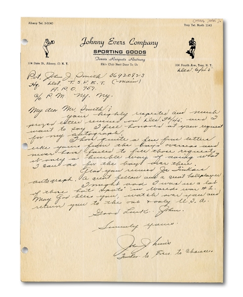 1945 JOHN EVERS HANDWRITTEN & SIGNED LETTER WITH "TINKER TO EVERS TO CHANCE" NOTATION TO WW2 SOLDIER
