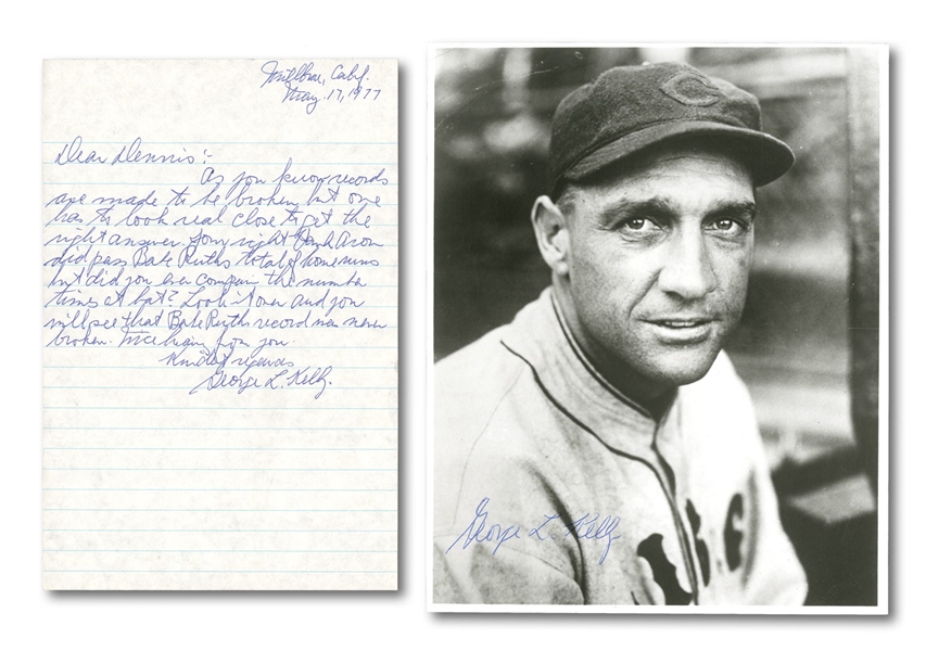 GEORGE KELLY HANDWRITTEN LETTER DISPUTING AARONS CLAIM OVER RUTH TO HOME RUN RECORD PLUS KELLY SIGNED PHOTO