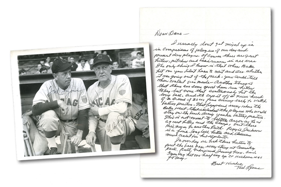 TED LYONS HANDWRITTEN LETTER REGARDING BABE RUTHS HITTING PROWESS VS. MODERN PLAYERS PLUS LYONS/FABER AUTOGRAPHED WIRE PHOTO