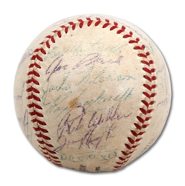 1953 BROOKLYN DODGERS NL CHAMPIONS TEAM SIGNED ONL (GILES) BASEBALL WITH JACKIE AND CAMPY