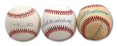 TED WILLIAMS & JOE DIMAGGIO DUAL-SIGNED BASEBALL PLUS PAIR OF TED WILLIAMS AND WILLIE MAYS SINGLE SIGNED BALLS