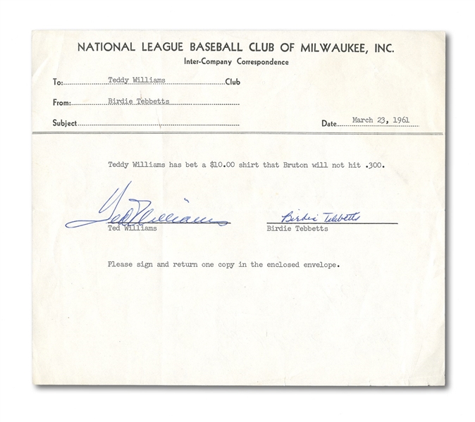 1961 TED WILLIAMS AND BIRDIE TEBBETTS SIGNED ACKNOWLEDGEMENT OF $10 BET ON WHETHER BILL BRUTON WOULD HIT .300