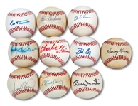 MOSTLY HALL OF FAME MANAGERS SINGLE SIGNED BASEBALL LOT OF (10) INCL. TERRY, GRIMM, DUROCHER, LEMON, BOUDREAU, KUENN, MARTIN, ROBINSON, ANDERSON & COX (MLB EXECUTIVE PROVENANCE)